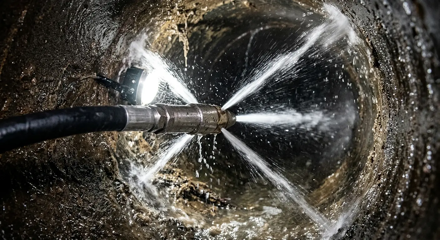 High-pressure hydro jetting nozzle cleaning sewer pipe for Trenchless Sewer Repair in Chesterfield