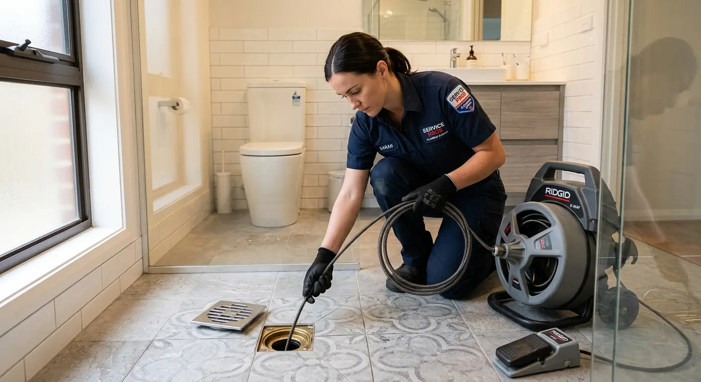 Technician clearing a bathroom floor drain for Hydro Jetting in Chesterfield
